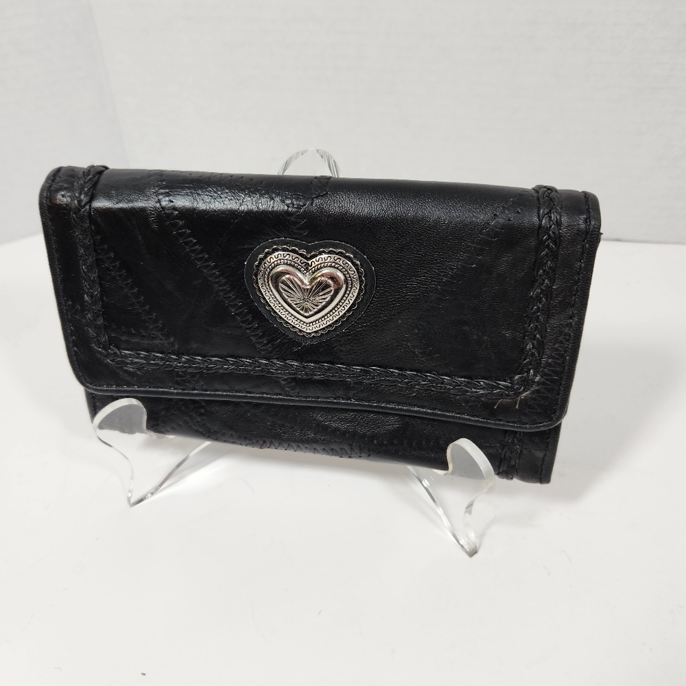 Black Leather Envelope Patchwork Wallet Silver He… - image 1